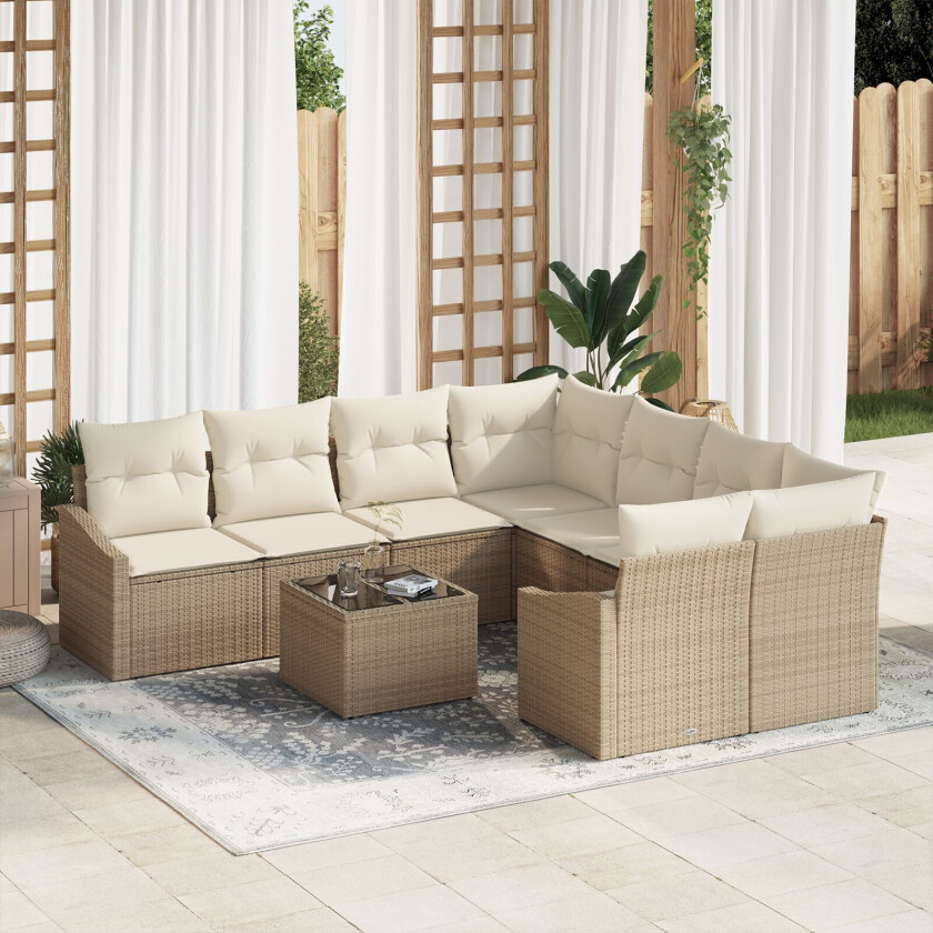9 Delt Hagesofa Set med Puter Beige Poly Rattan