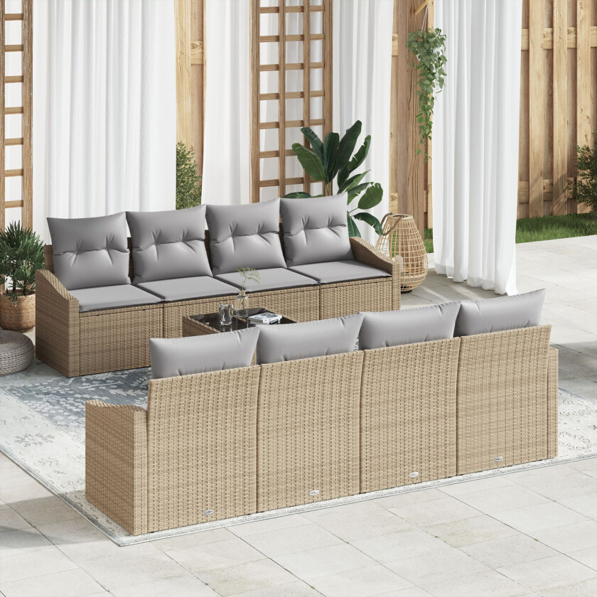 9-delt Hage Sofa Set med puter Beige Poly Rattan