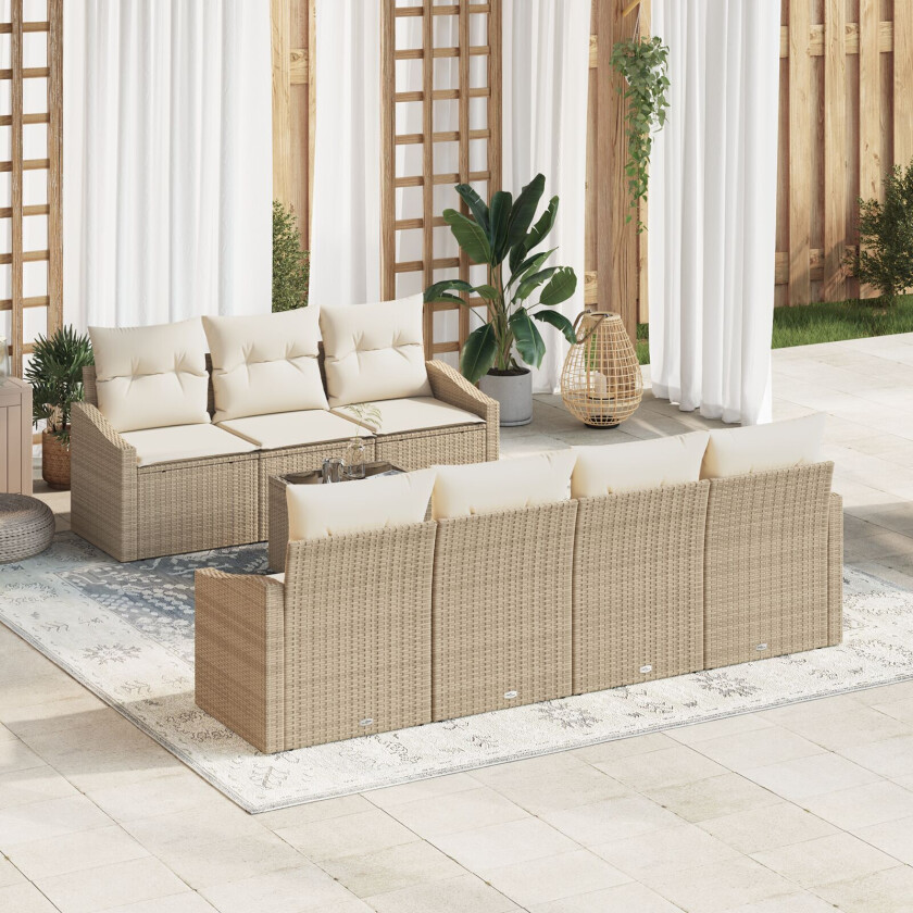 8-delt hagemøbelsett med puter Beige poly rattan