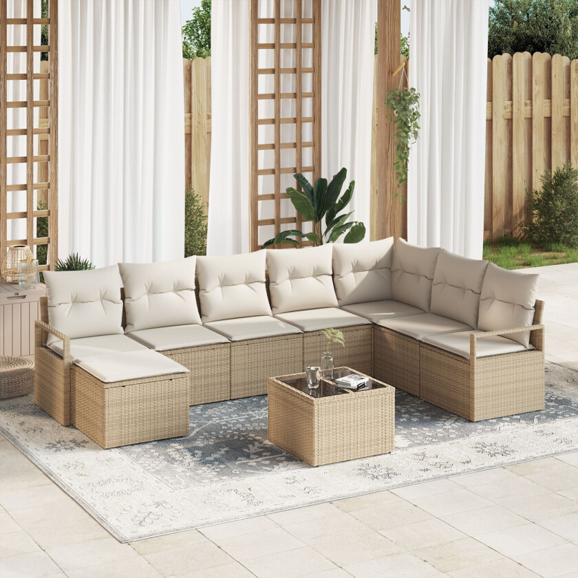 9-delt hagesofa sett med puter Brun Poly Rattan, 2-seters hagesofa med puter Beige Poly Rattan