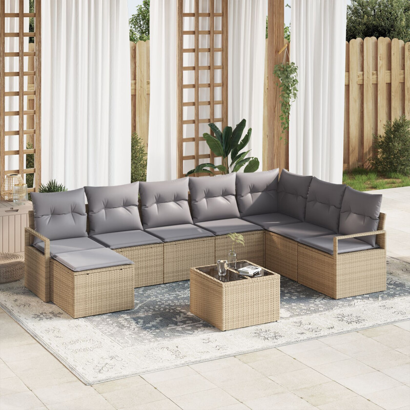 9-delt hagesofa-sett med puter i svart poly rattan, 2-seters hagesofa med puter i beige poly rattan
