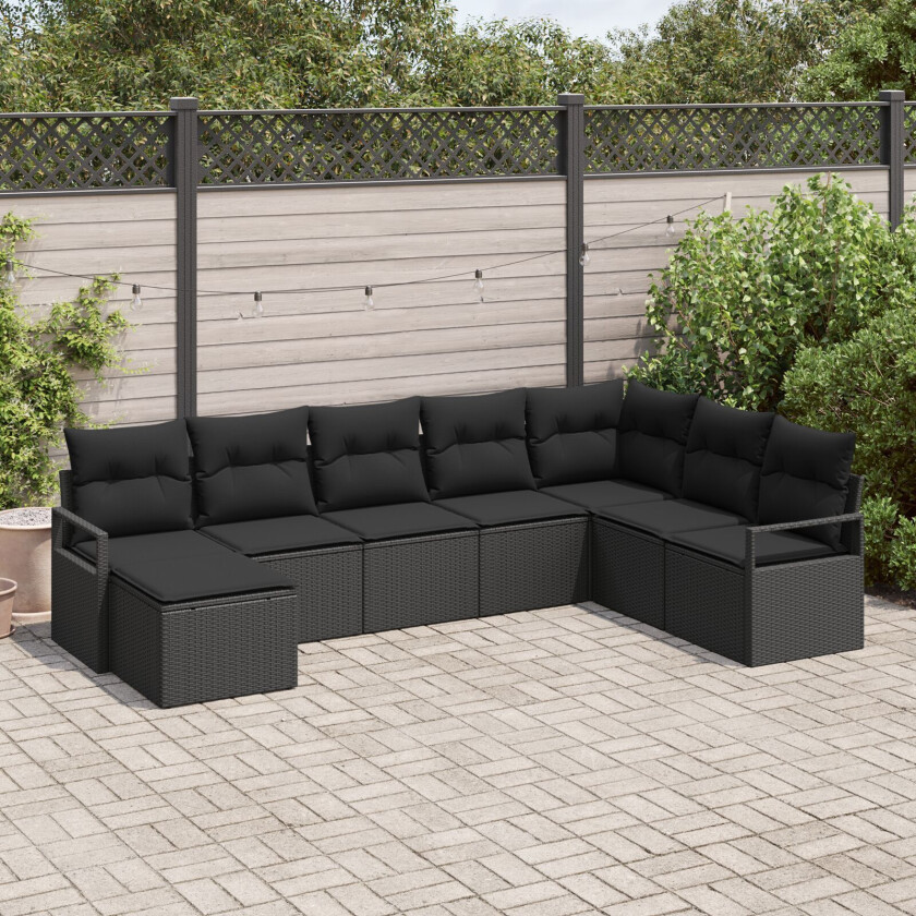 8-delt Hage Sofa Set med Puter Svart Poly Rattan, 2-seters Hage Sofa med Puter Svart Poly Rattan