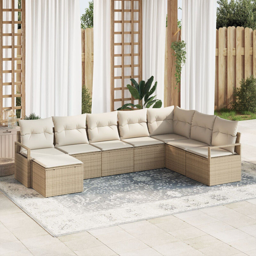 8-delt Hagesofa-sett med puter Beige Poly Rattan, 2-seters Hagesofa med puter Beige Poly Rattan