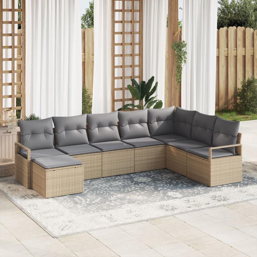8 Deler Hage Sofa Set med Puder Beige Poly Rottning, 2-seters Hage Sofa med Puder Beige Poly Rottning