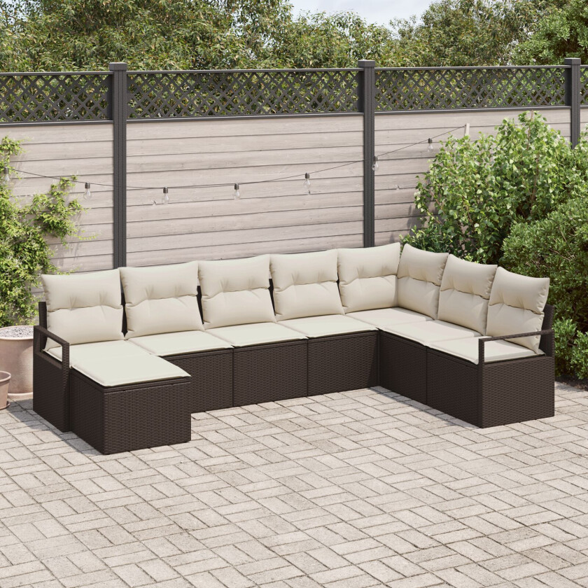 8-delte hagesofa sett med puter brun poly rattan, 2-seters hagesofa med puter brun poly rattan