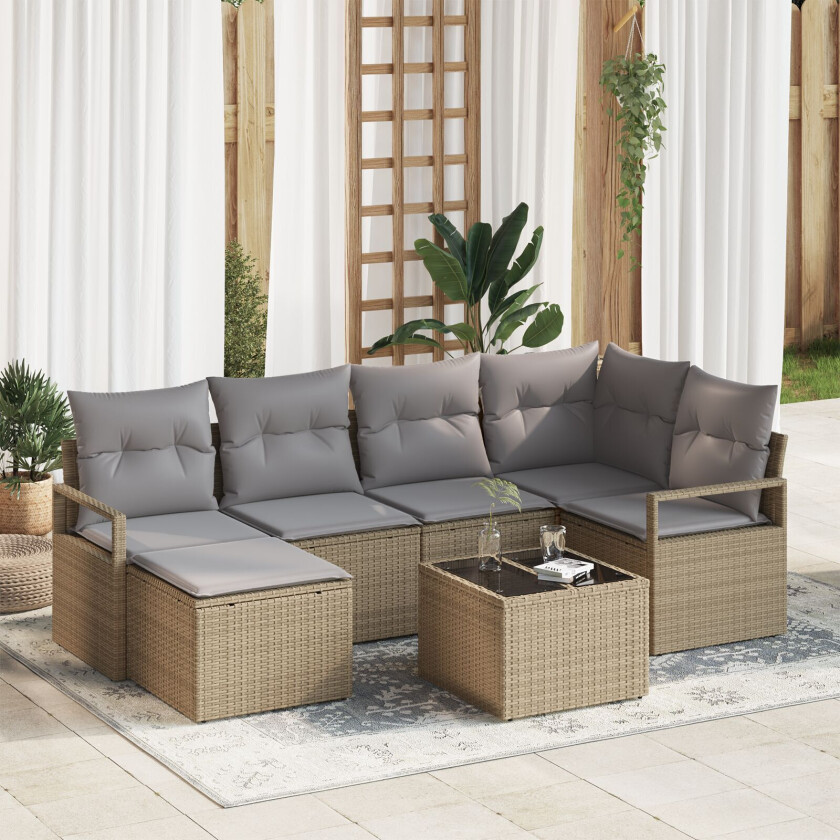 7-delt hagesofa sett med puter svart poly rattan, 2-seters hagesofa med puter beige poly rattan