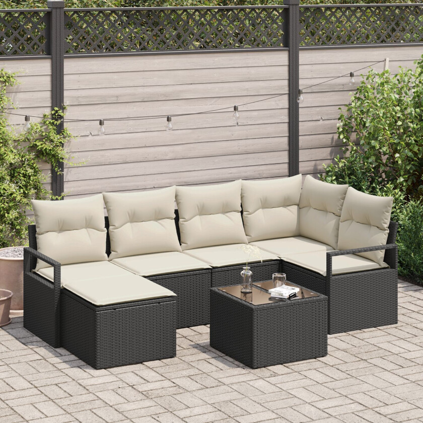 6-delt Hage Sofa Set med Puter Brun Poly Rattan, 2-seters Hage Sofa med Puter Svart Poly Rattan