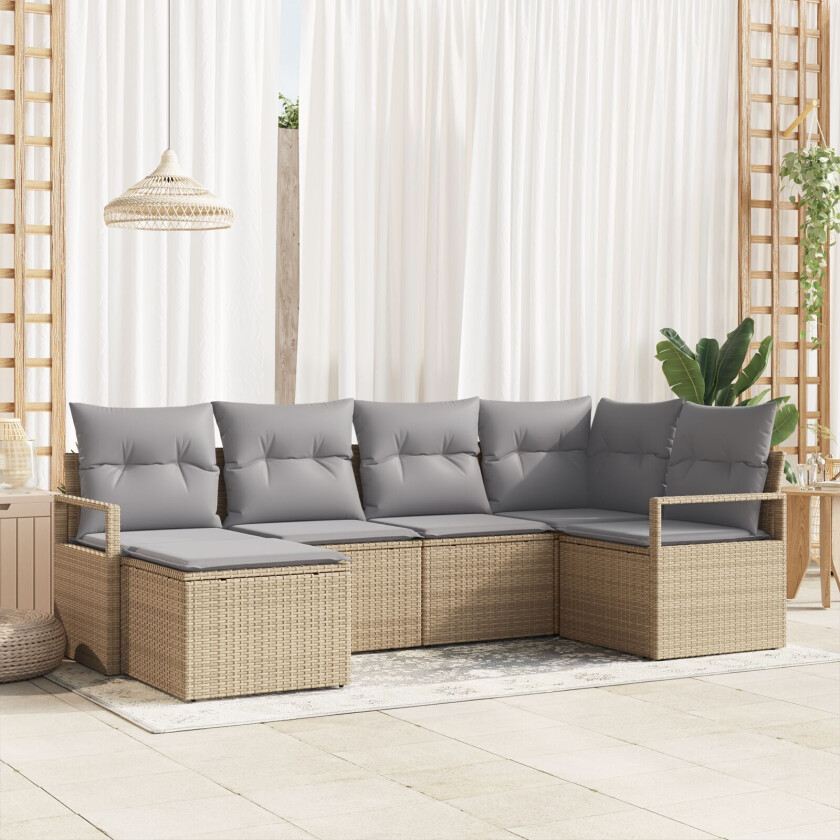 6-delt hagesofa-sett med puter beige poly rotting, 2-seters hagesofa med puter beige poly rotting