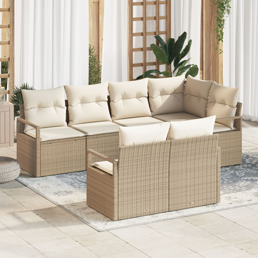 7-delt hagesofa-sett med puter beige poly rattan, 2-seters hagesofa med puter beige poly rattan