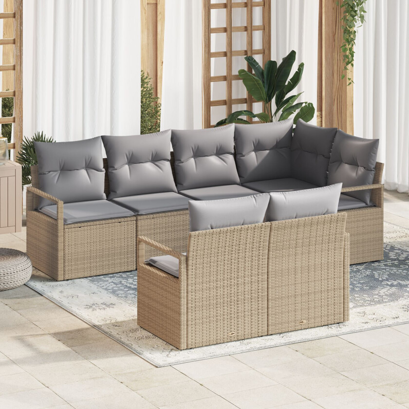 7-delt Hage Sofa Sett med Pute Beige Poly Rattan, 2-seter Hage Sofa med Pute Beige Poly Rattan