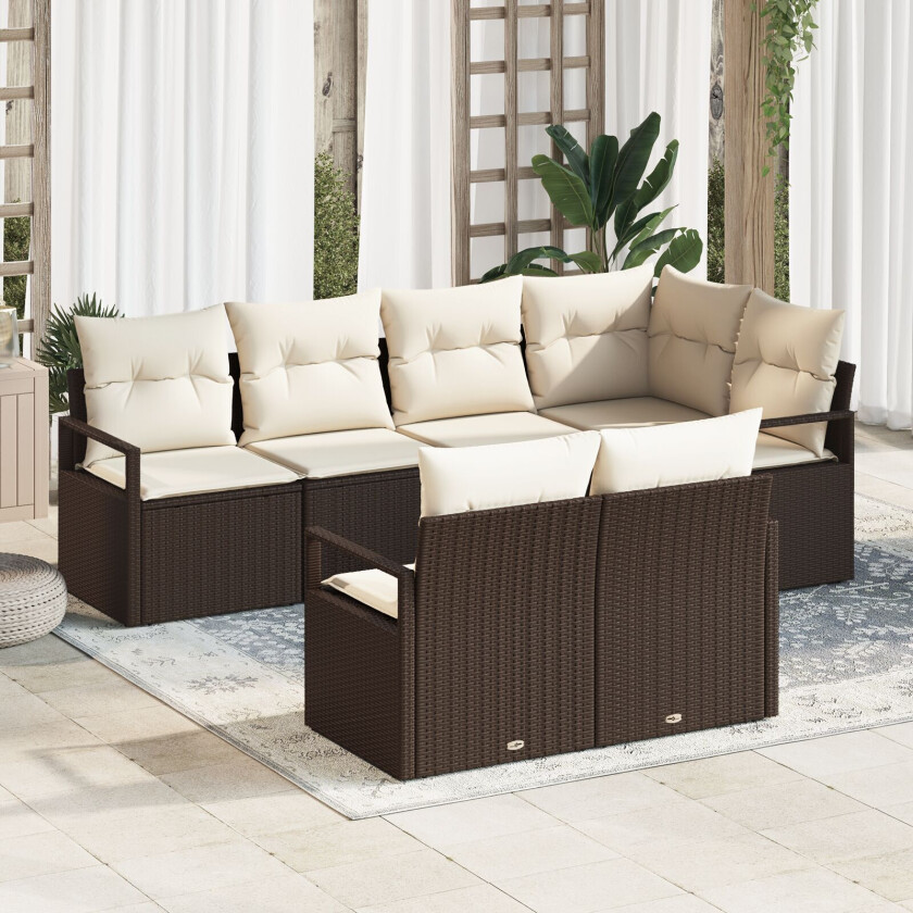7-delt Hagesofa Sett med Puter Brun Poly Rattan, 2-seters Hagesofa med Puter Brun Poly Rattan
