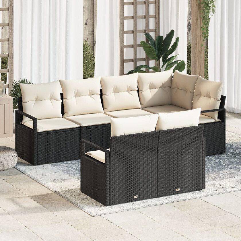 7-delt hage sofa sett med puter svart poly rattan, 2-seter hage sofa med puter svart poly rattan