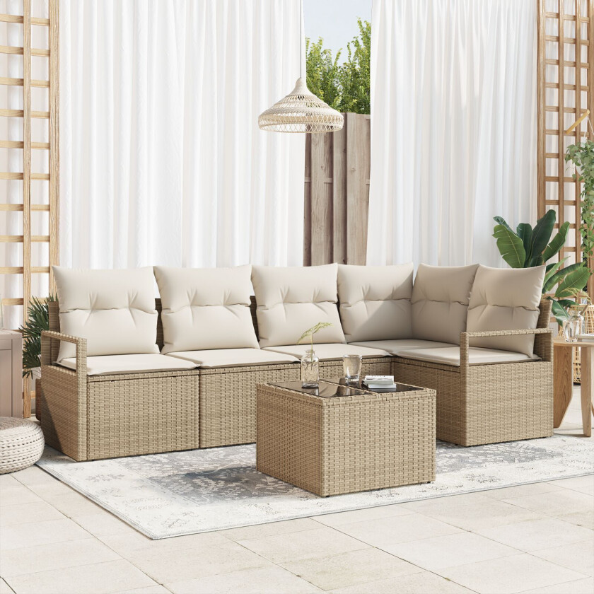 6 Delt Hagesofa Sett med Puter Brun Poly Rattan, 2 Seters Hagesofa med Puter Beige Poly Rattan