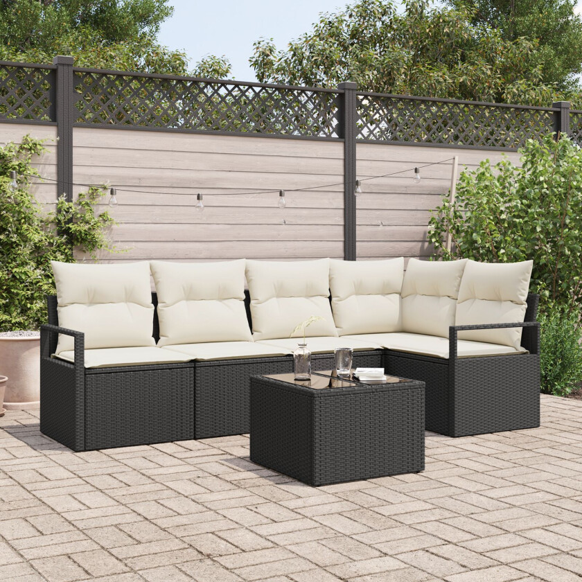 5 Delers Hagesofa Set med Puter Brun Poly Rattan, 2-seters Hagesofa med Puter Svart Poly Rattan