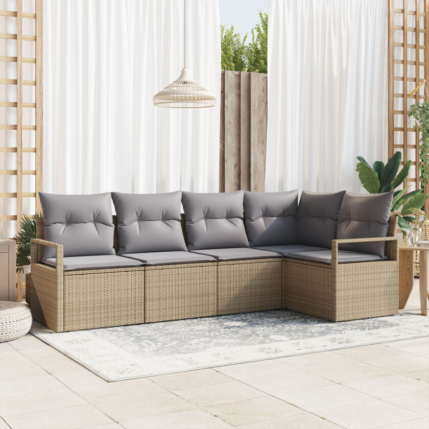 5 Delers Hagesofa Set med Puter Beige Poly Rattan, 2-seters Hagesofa med Puter Beige Poly Rattan