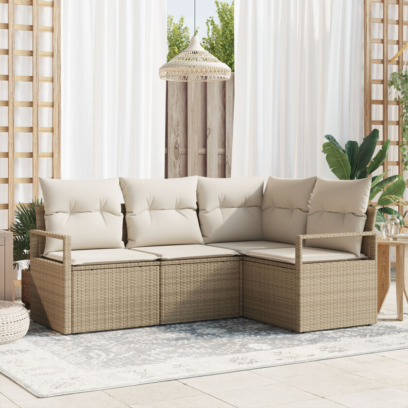 4-deler Hagesofa sett med puter Beige Poly Rottin, 2-seters Hagesofa med puter Beige Poly Rottin