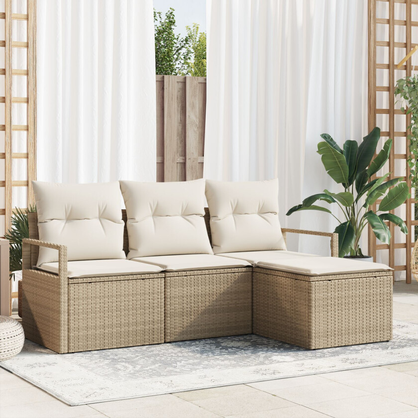 4-delt Hagesofa Sett med Puter Beige Poly Rattan, 2-seter Hagesofa med Puter Beige Poly Rattan