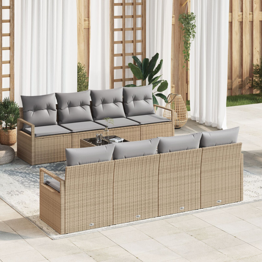 9 Delt Hage Sofa Sett med Puter Beige Poly Rattan, 2-seters Hage Sofa med Puter Beige Poly Rattan