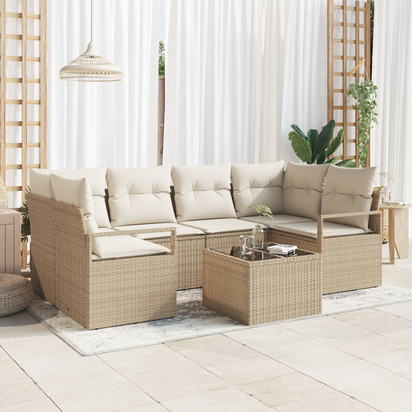 7-delt Hage Sofa Sett med Puter Beige Poly Rattan, 2-seters Hage Sofa med Puter Beige Poly Rattan