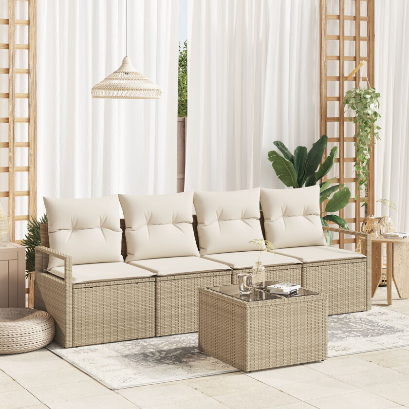 5 Delers Hage Sofa Sett med Puter Beige Poly Rattan, 2-seter Hage Sofa med Puter Beige Poly Rattan