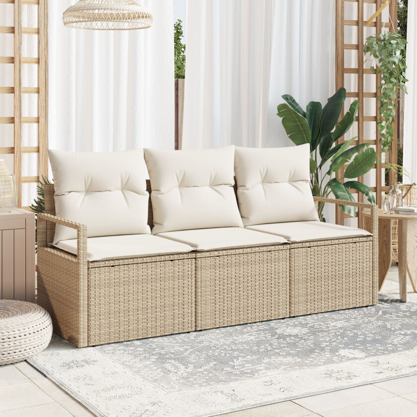3 Delt Hagesofa Sett med Puter Beige Poly Rottning, 2-seters Hagesofa med Puter Beige Poly Rottning