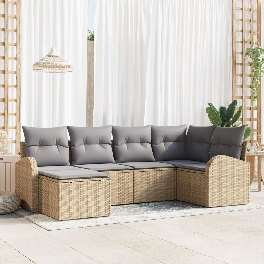 6 Delt Hagemøbelsett med Puter Beige Poly Rattan