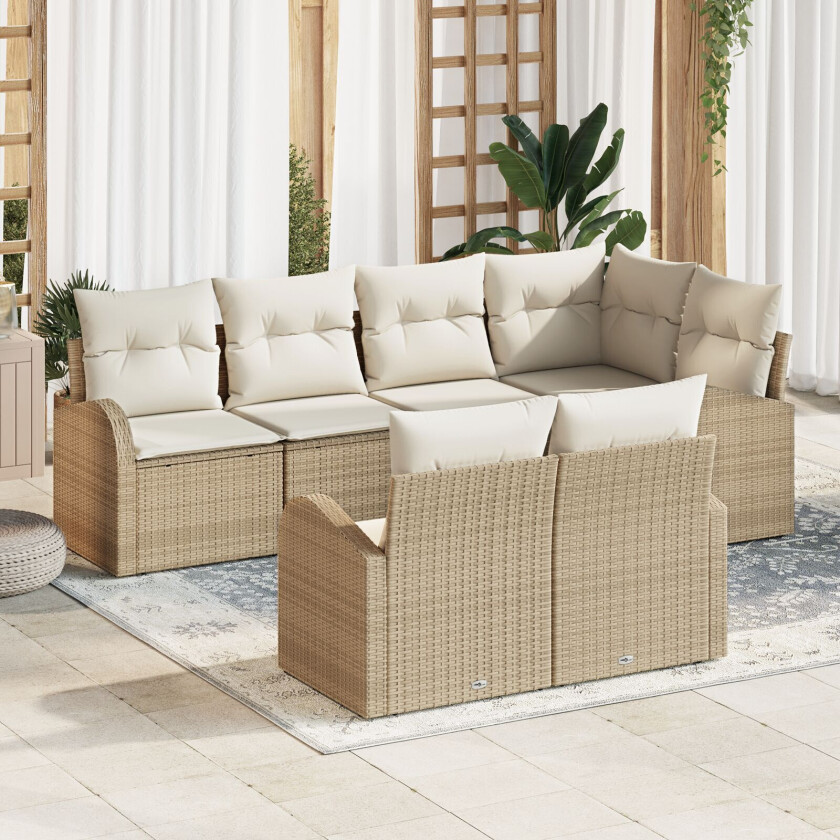 7 Delt Hagesofa Sett med Puter Beige Poly Rattan