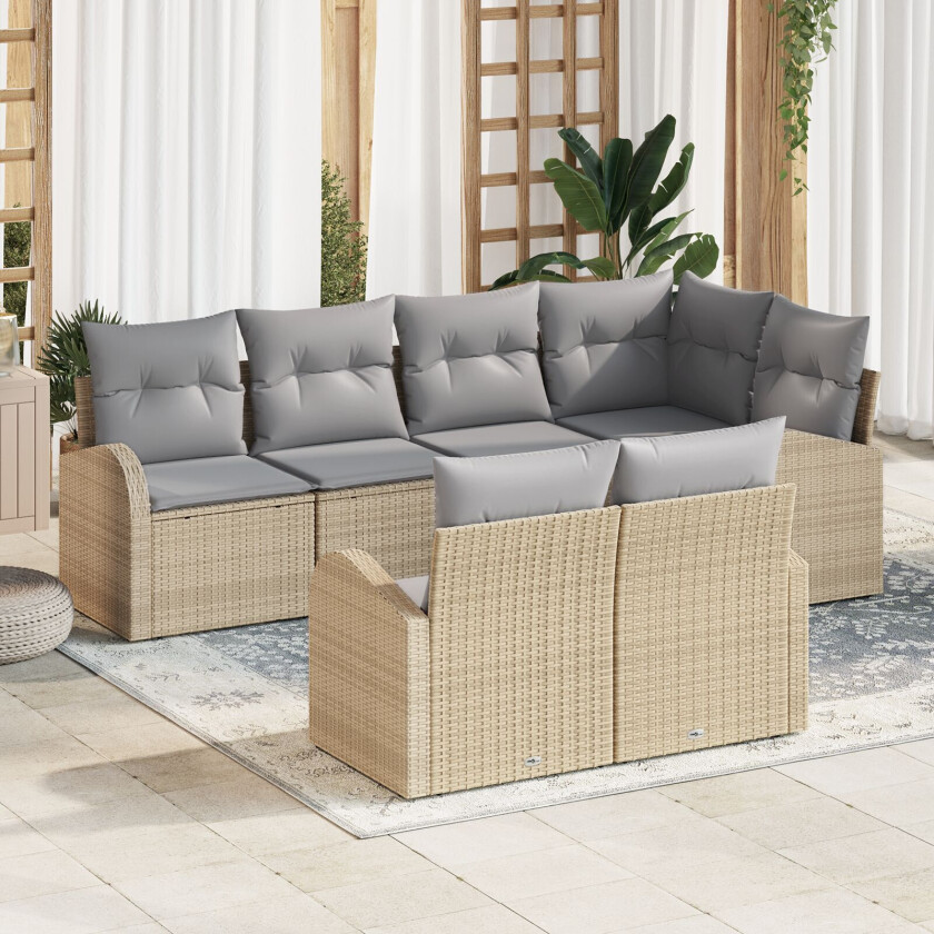 7 Delt Hage Sofa Sett med Puter Beige Poly Rattan