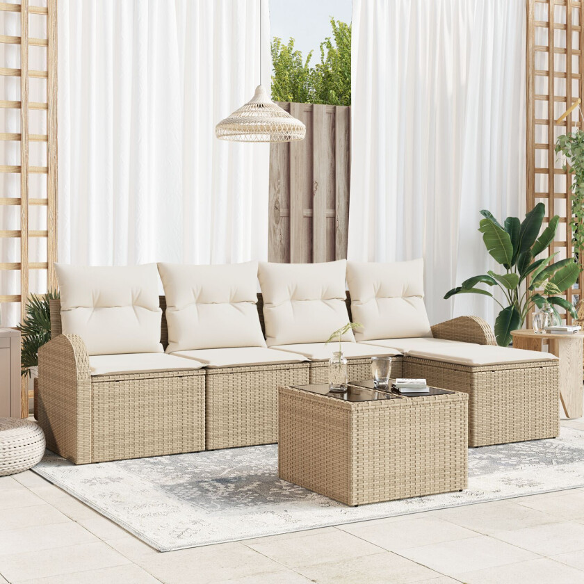 6 Delt Hage Sofa Set med Puter Brun Poly Rottning
