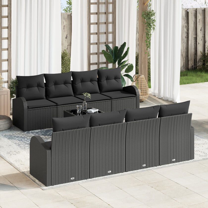 9-delt Hagesofa Set med Puter Svart Poly Rattan, 2-seters Hagesofa med Oppbevaring & Puter Svart Poly Rattan