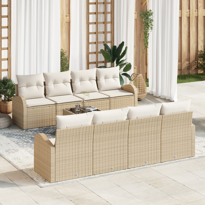 9 Delt Hagesofa Set med Puter Beige Poly Rattan