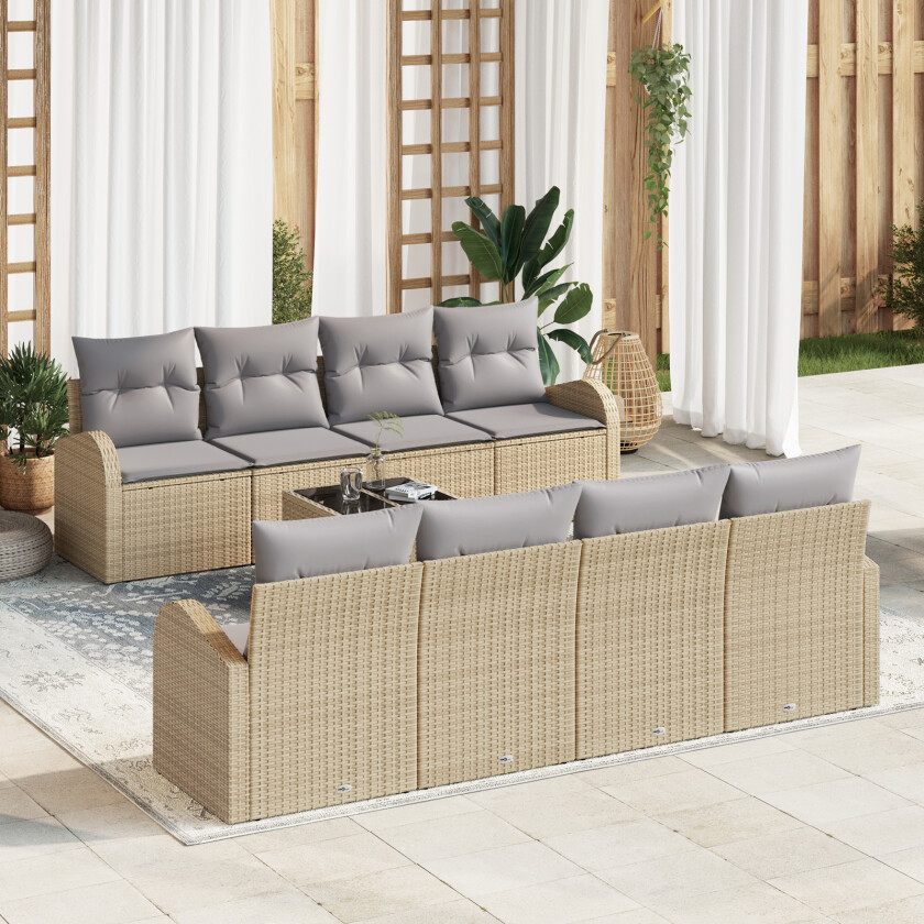 9 Delt Hagemøbelsett med Puter Beige Poly Rattan, 2-seters Hagesofa med Oppbevaring & Puter Beige Poly Rattan
