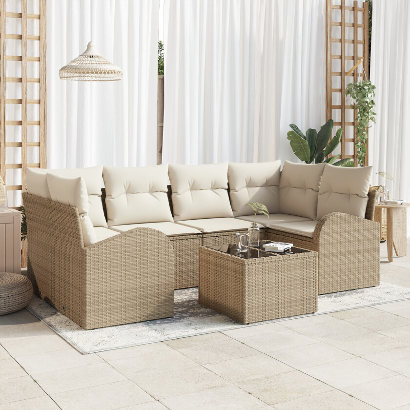7 Delers Hage Sofa Sett med Puter Beige Poly Rattan