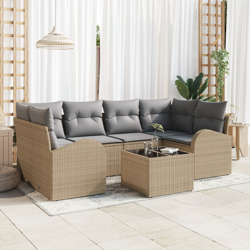 7-delt hagesofa sett med puter beige poly rotting
