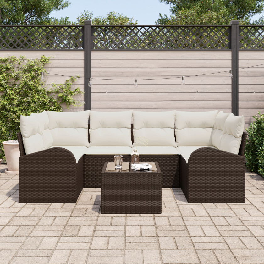 7-delt Hage Sofa Set med Puter Brun Poly Rattan
