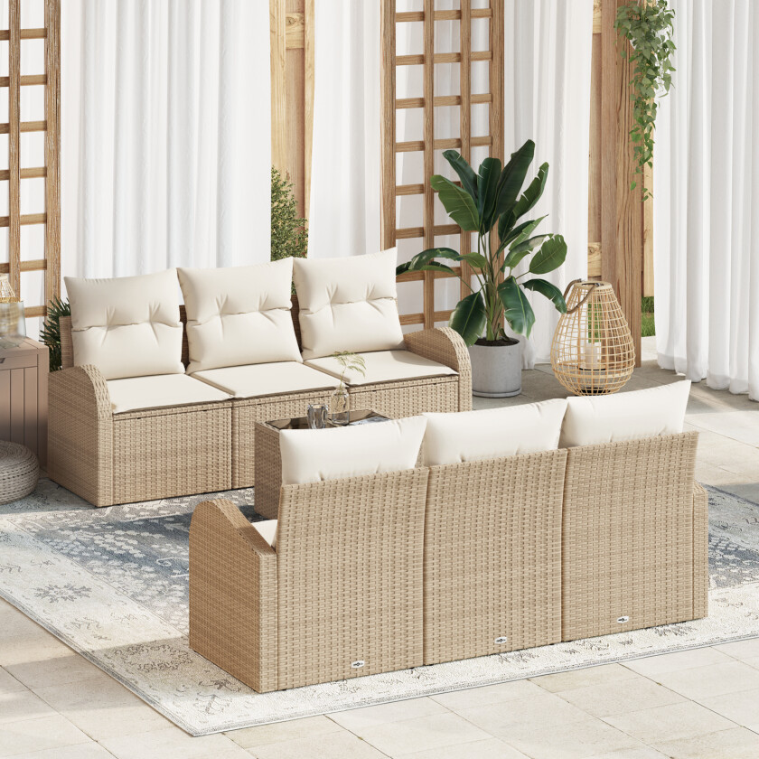 7-delt hagemøbelsett med puter beige Poly Rattan