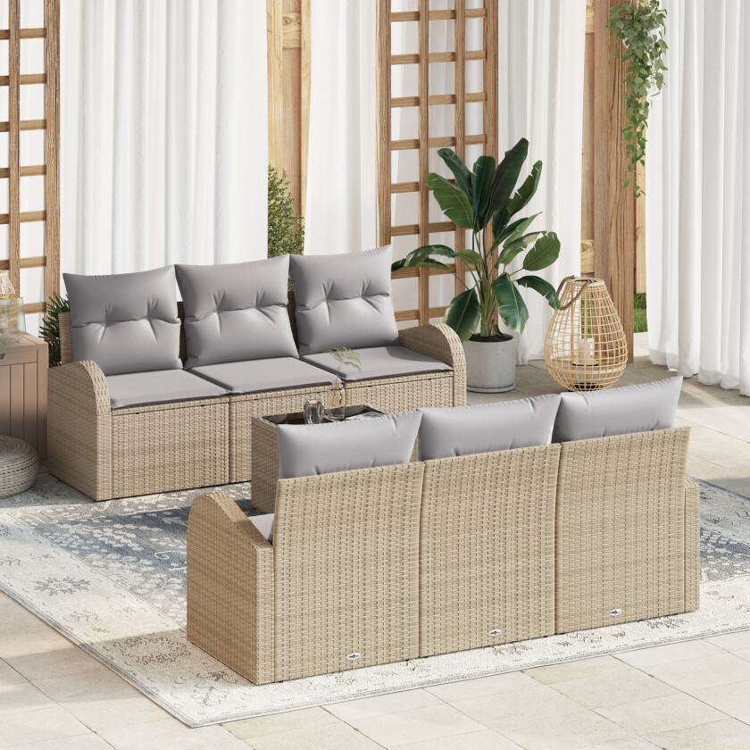 7 Delt Hagesofa Sett med Puter Beige Poly Rattan