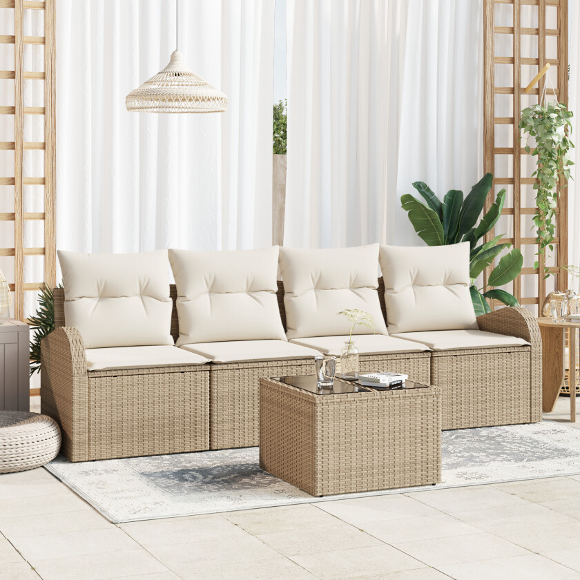 5-delt hagemøbelsett med puter Beige Poly Rattan