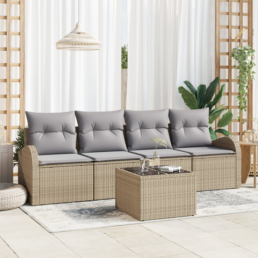 5 Delt Hagesofa Set med Puter Beige Poly Rattan