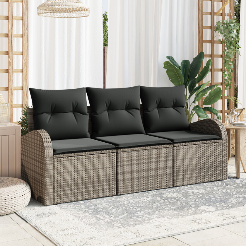 3 Delt Hage Sofa Set Med Puter Grå Poly Rattan