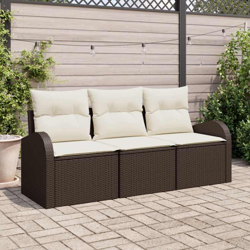 3 Delt Hagesofa Set med Puter Brun Poly Rattan