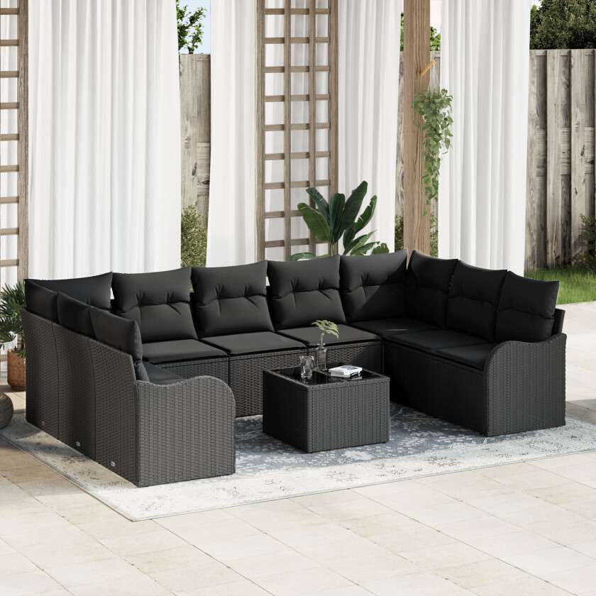 10 Delt Hage Sofa Sett med Puter Beige Poly Rotting, 2-seter Hage Sofa med Puter Svart Poly Rotting