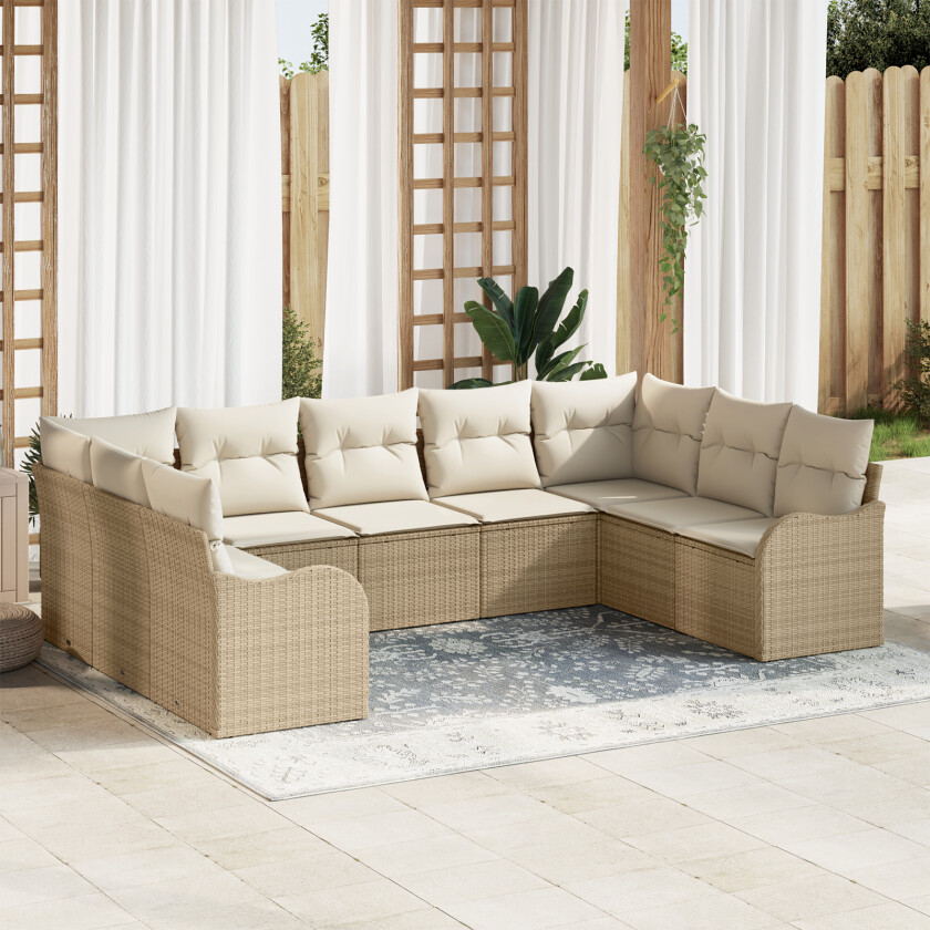 9-delt hagesofa sett med puter Beige Poly Rotting, 2-seters hagesofa med puter Beige Poly Rotting