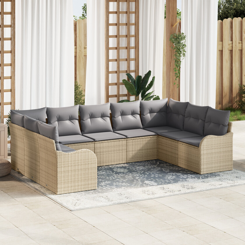 9-delt hagesofa sett med puter beige poly rotting, 2-seters hagesofa med puter beige poly rotting