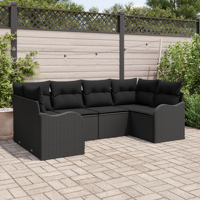6 Delt Hagesofa-sett med Puter Svart Poly Rattan, 2-seters Hagesofa med Oppbevaring & Puter Svart Poly Rattan