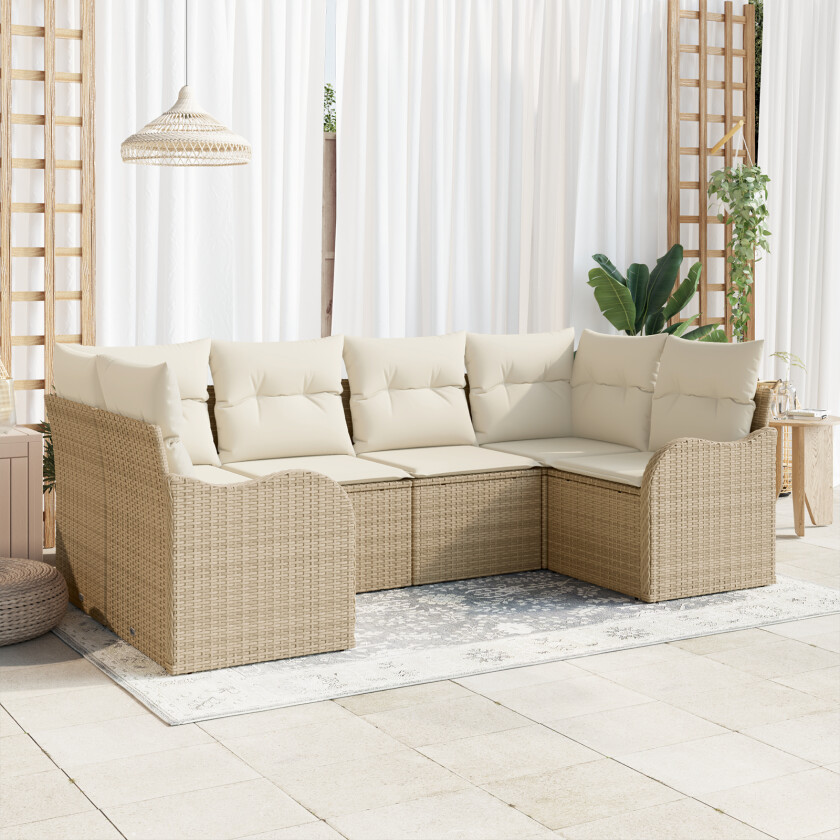 6-delers hage sofa sett med puter beige poly rotinng, 2-seters hage sofa med puter beige poly rotinng