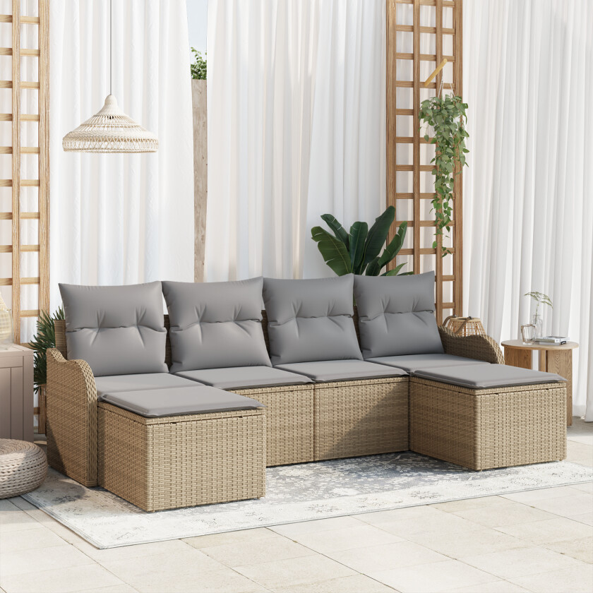 6-delt Hage Sofa Set med puter Beige Poly Rottings, 2-seters Hage Sofa med puter Beige Poly Rottings