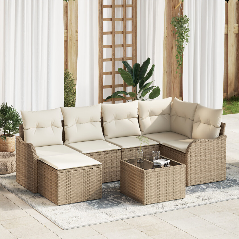 7 Delt Hagesofa Sett med Puter Brun Poly Rottin, 2-seters Hagesofa med Puter Beige Poly Rottin
