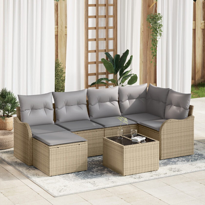 7-delt hagesofa-sett med puter svart poly rattan, 2-seters hagesofa med oppbevaring og puter beige poly rattan