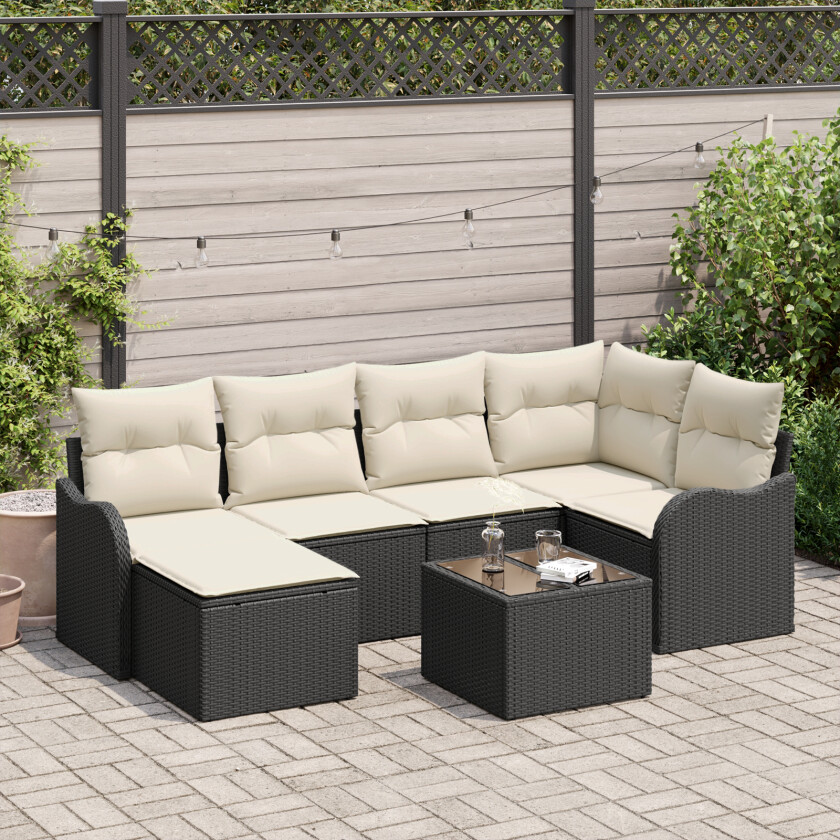6 Delt Hagesofa-sett med Puter Brun Poly Rattan, 2-seters Hagesofa med Lagring & Puter Svart Poly Rattan